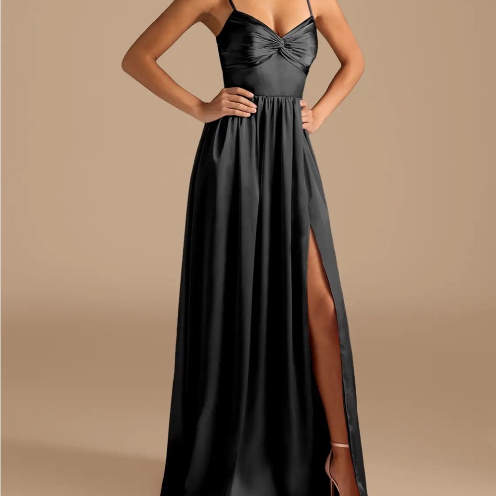 Azazie Black Satin Maxi Dress with Side Slit